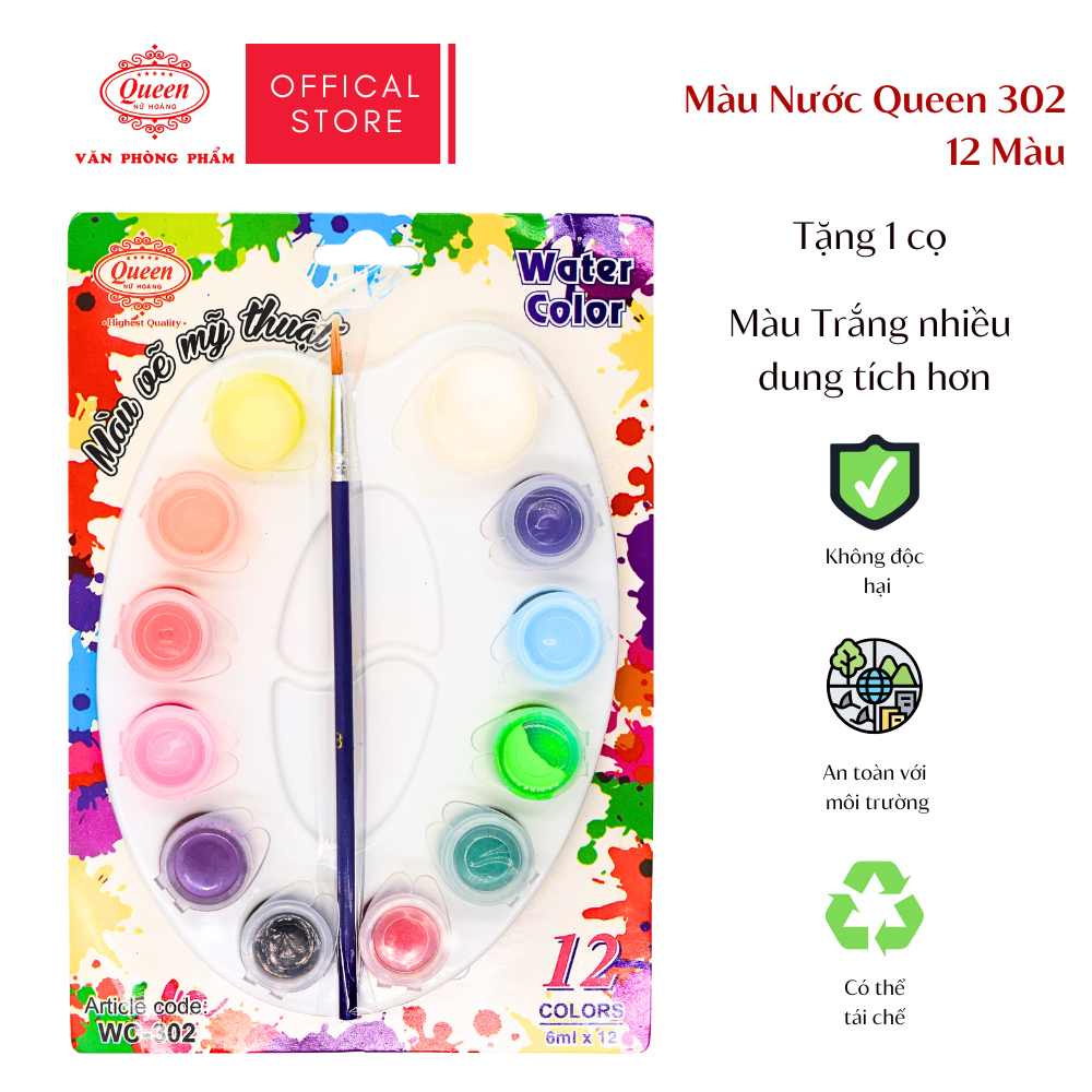 Màu nước 12 màu WC-302 (6ml) - Tặng kèm 1 bút lông