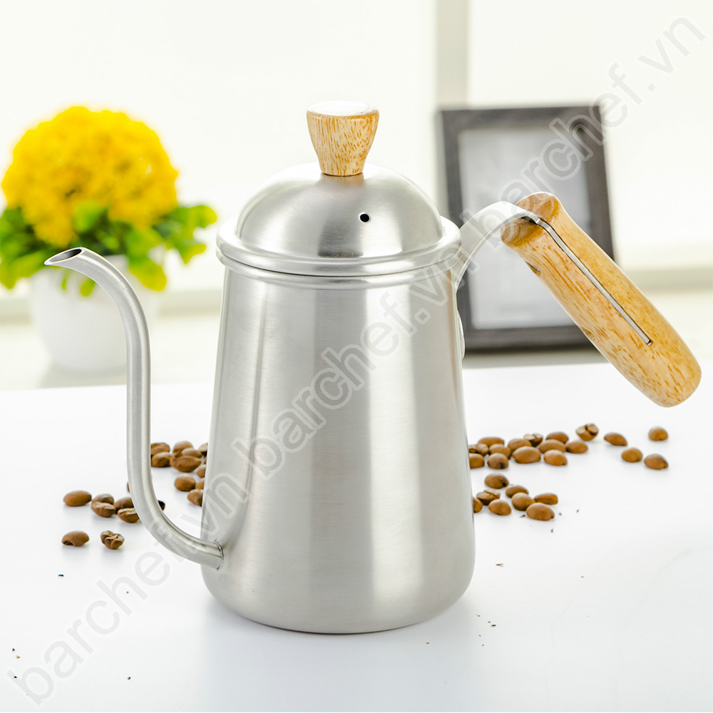 Ấm pha cà phê pour over (drip) 650ml inox, dáng teapot, tay cầm bọc gỗ