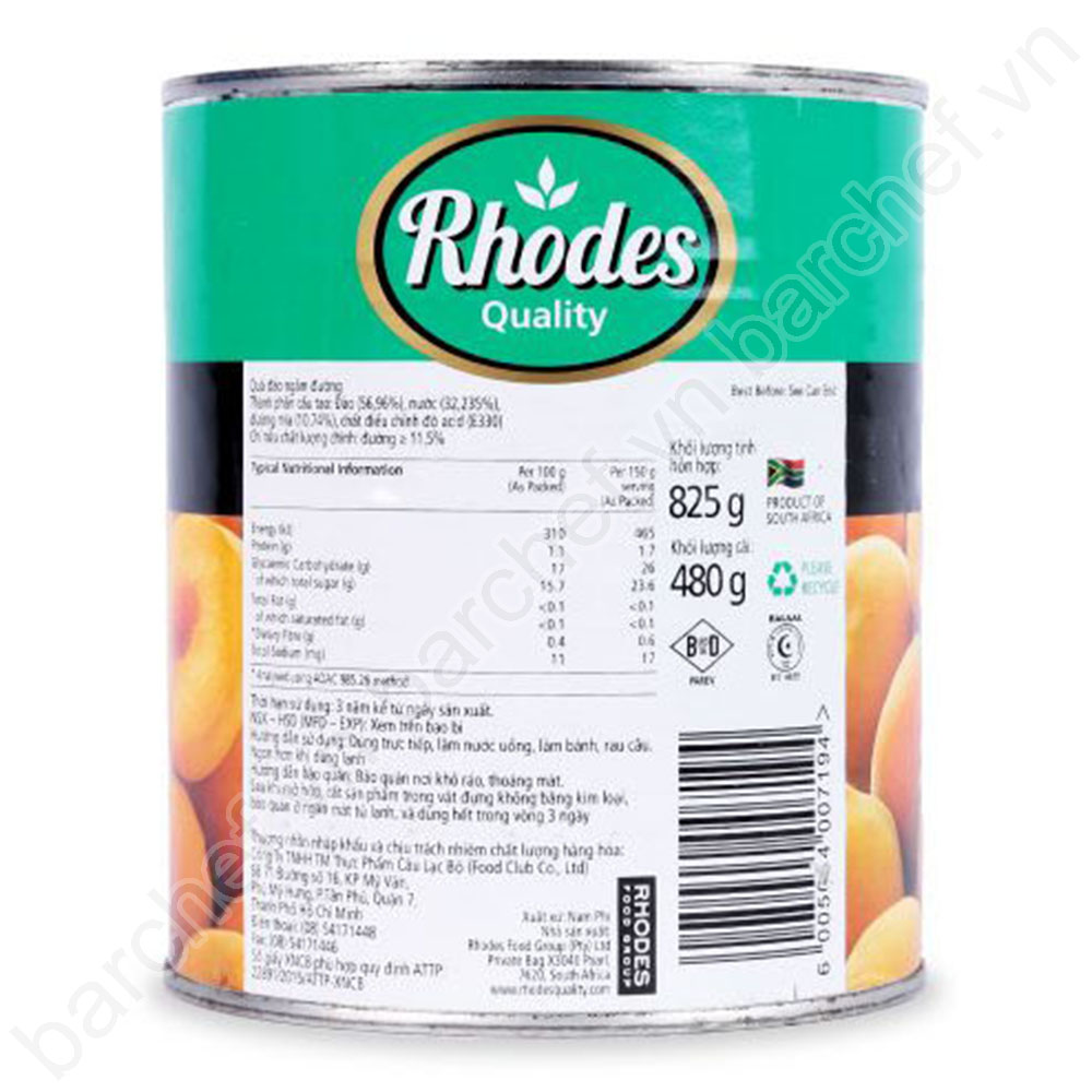 Đào tươi bổ đôi ngâm siro hiệu Rhodes - hộp 825g