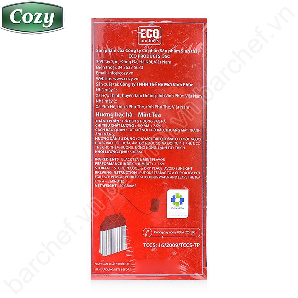 Trà đen hương Bạc hà Cozy túi lọc - hộp giấy 40 gram - 20 túi lọc