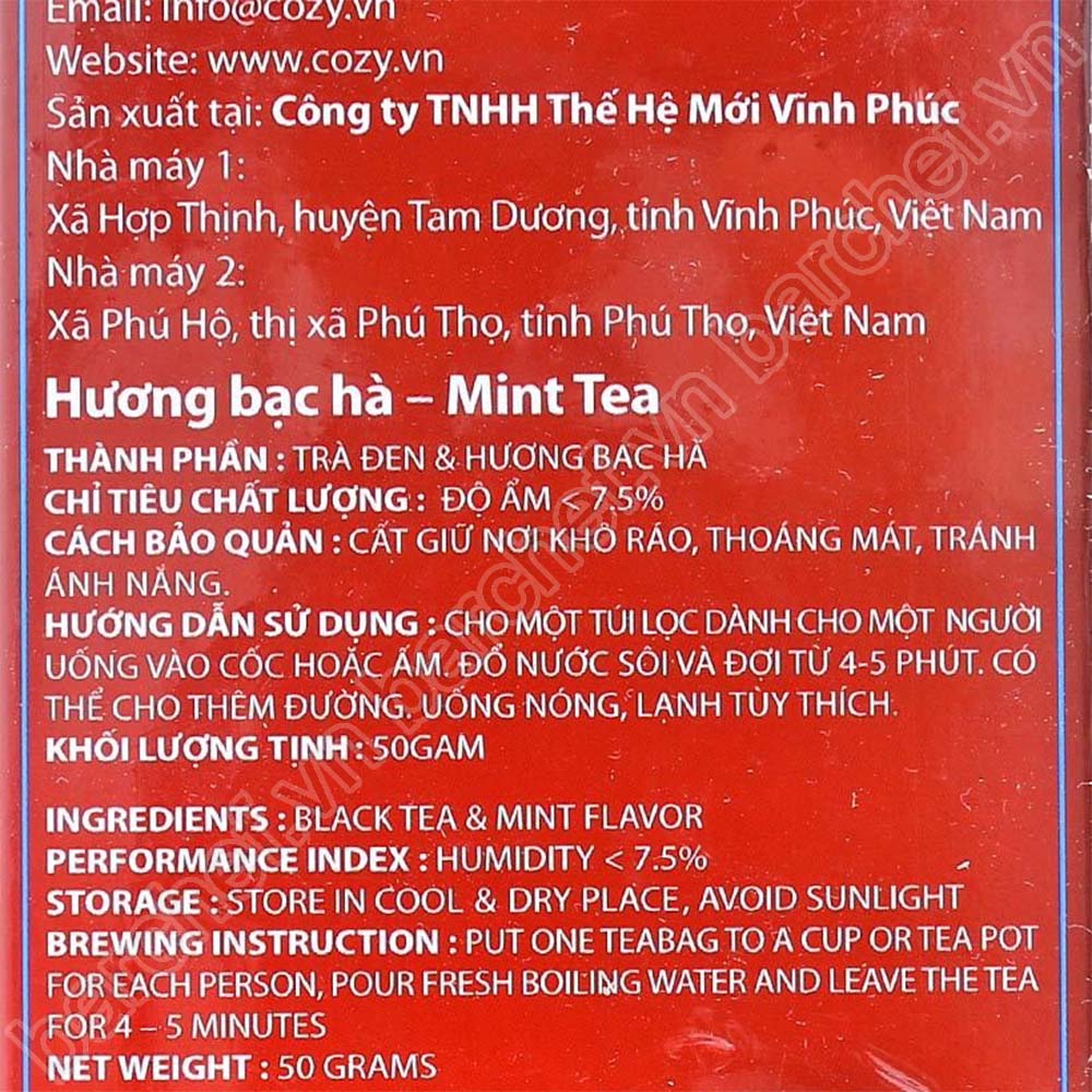 Trà đen hương Bạc hà Cozy túi lọc - hộp giấy 40 gram - 20 túi lọc