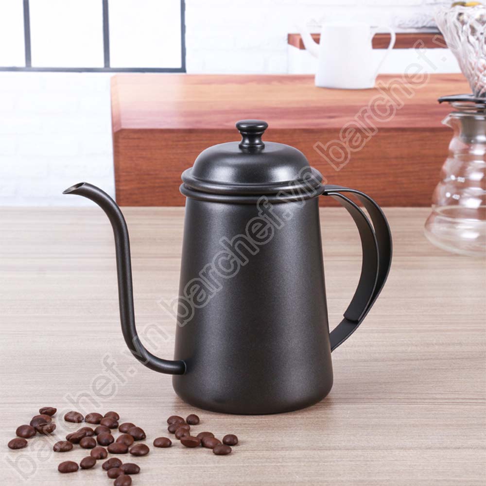 Ấm pha cà phê pour over (drip) 650ml inox đen, dáng teapot, tay cầm inox kép