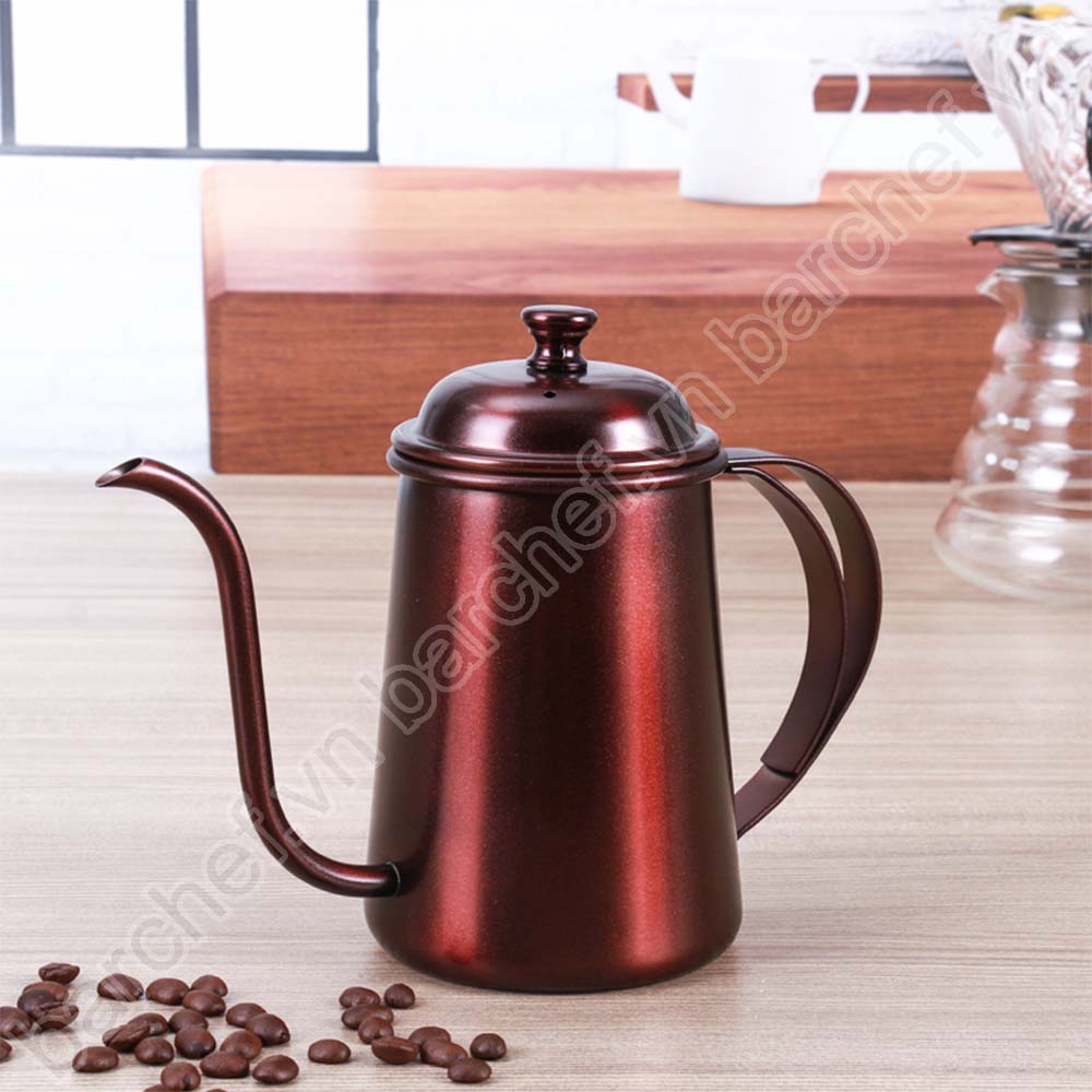 Ấm pha cà phê pour over (drip) 650ml inox màu đồng, dáng teapot, tay cầm inox kép