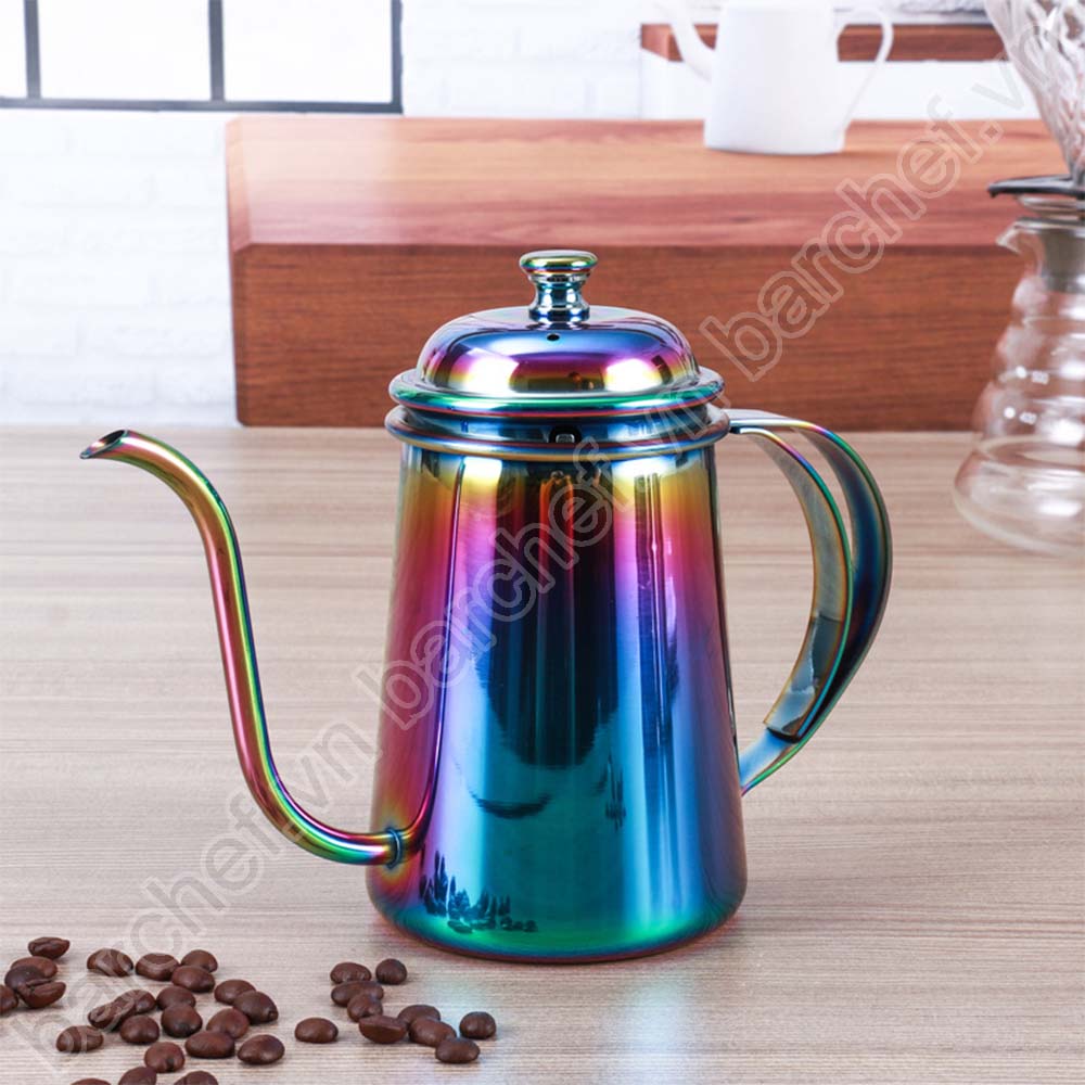 Ấm pha cà phê pour over (drip) 650ml inox màu ngũ sắc, dáng teapot, tay cầm inox kép