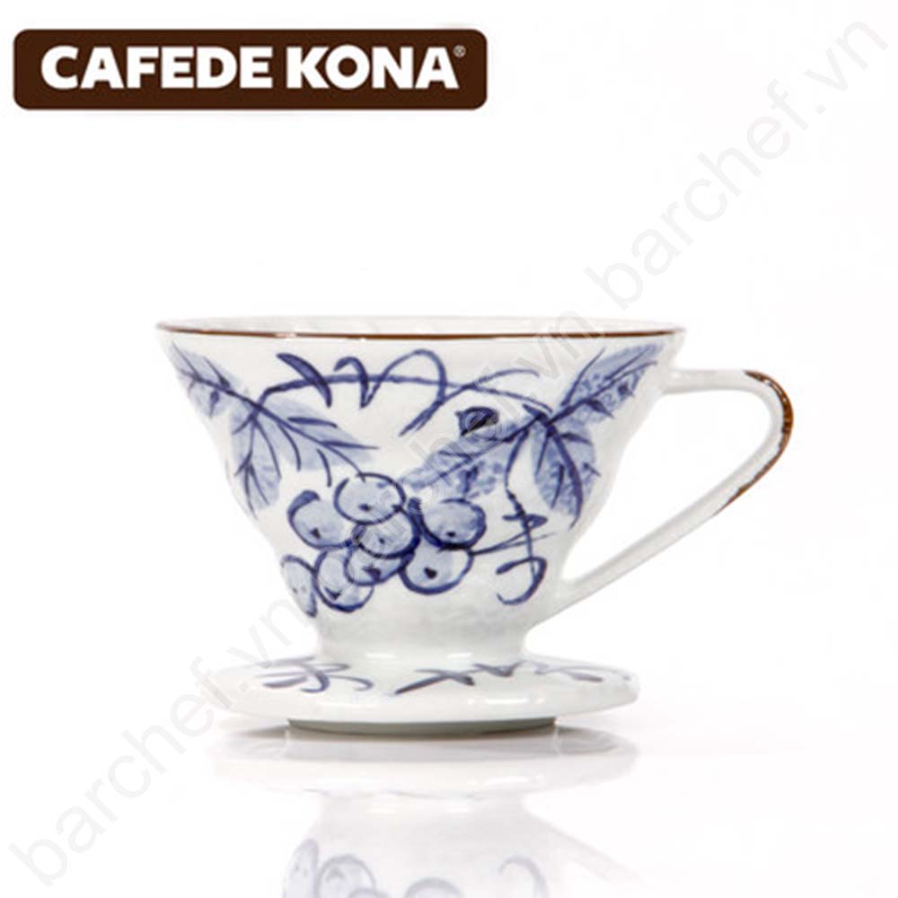 Phễu pha cà phê V60 bằng gốm, họa tiết màu xanh Kafede Kona V02 - 9058 (2 cup)