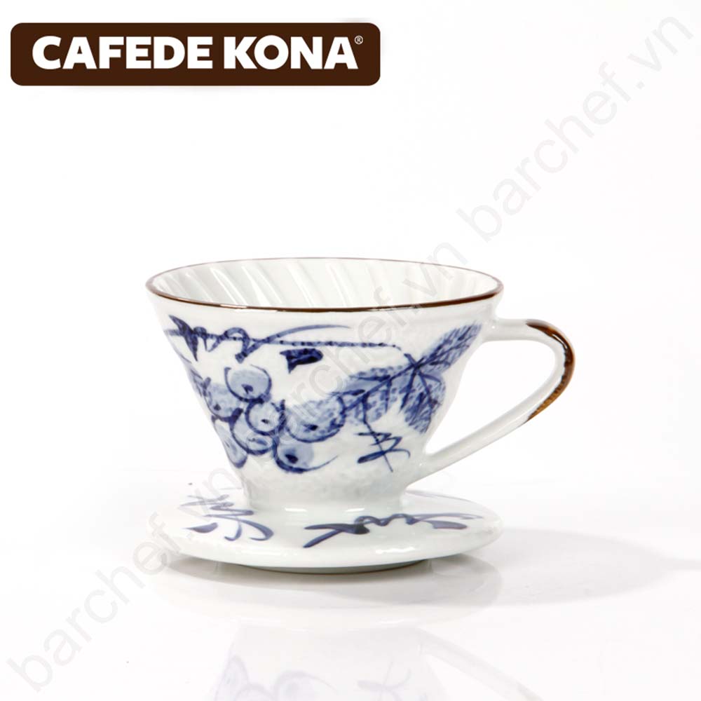 Phễu pha cà phê V60 bằng gốm, họa tiết màu xanh Kafede Kona V01 - 9057 (1 cup)