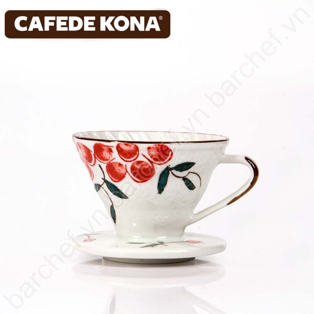 Phễu pha cà phê V60 bằng gốm, họa tiết màu đỏ Kafede Kona V01 - 9059 (1 cup)