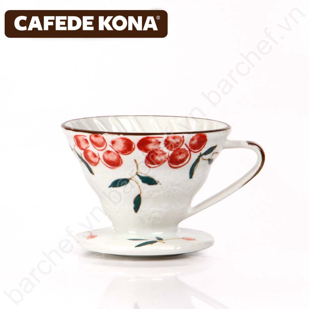 Phễu pha cà phê V60 bằng gốm, họa tiết màu đỏ Kafede Kona V02 - 9060 (2 cup)