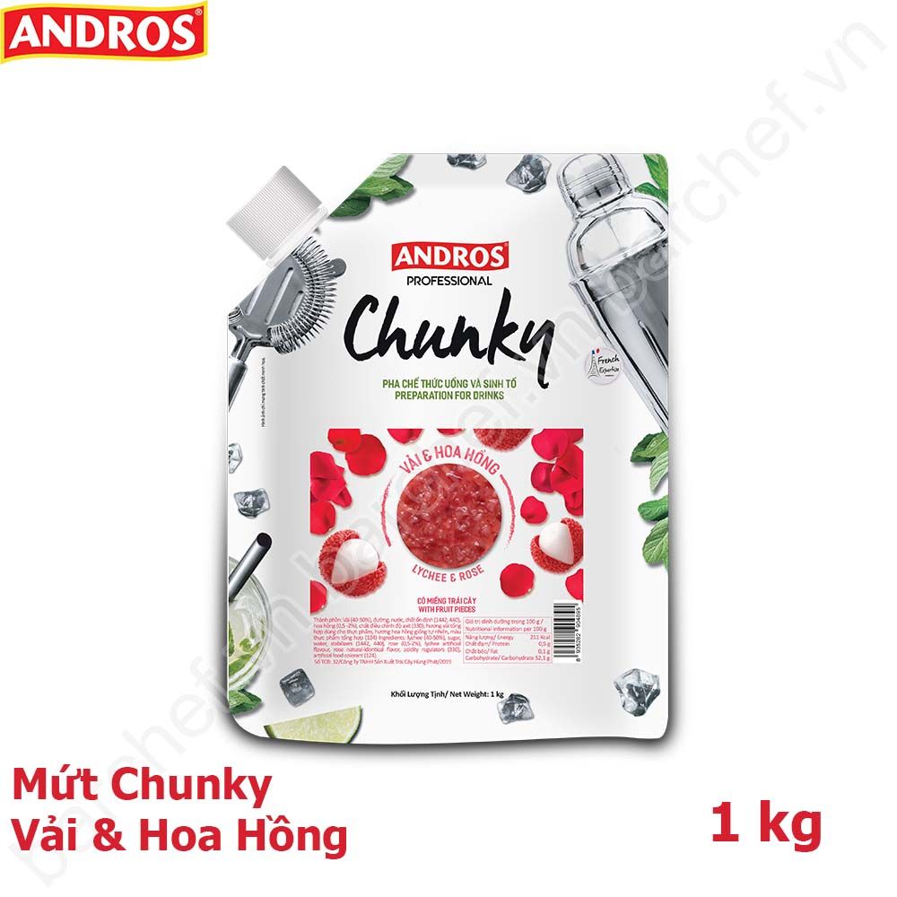 Mứt Chunky Vải và Hoa Hồng Andros (Lychee and Rose Chunky) - túi 1kg