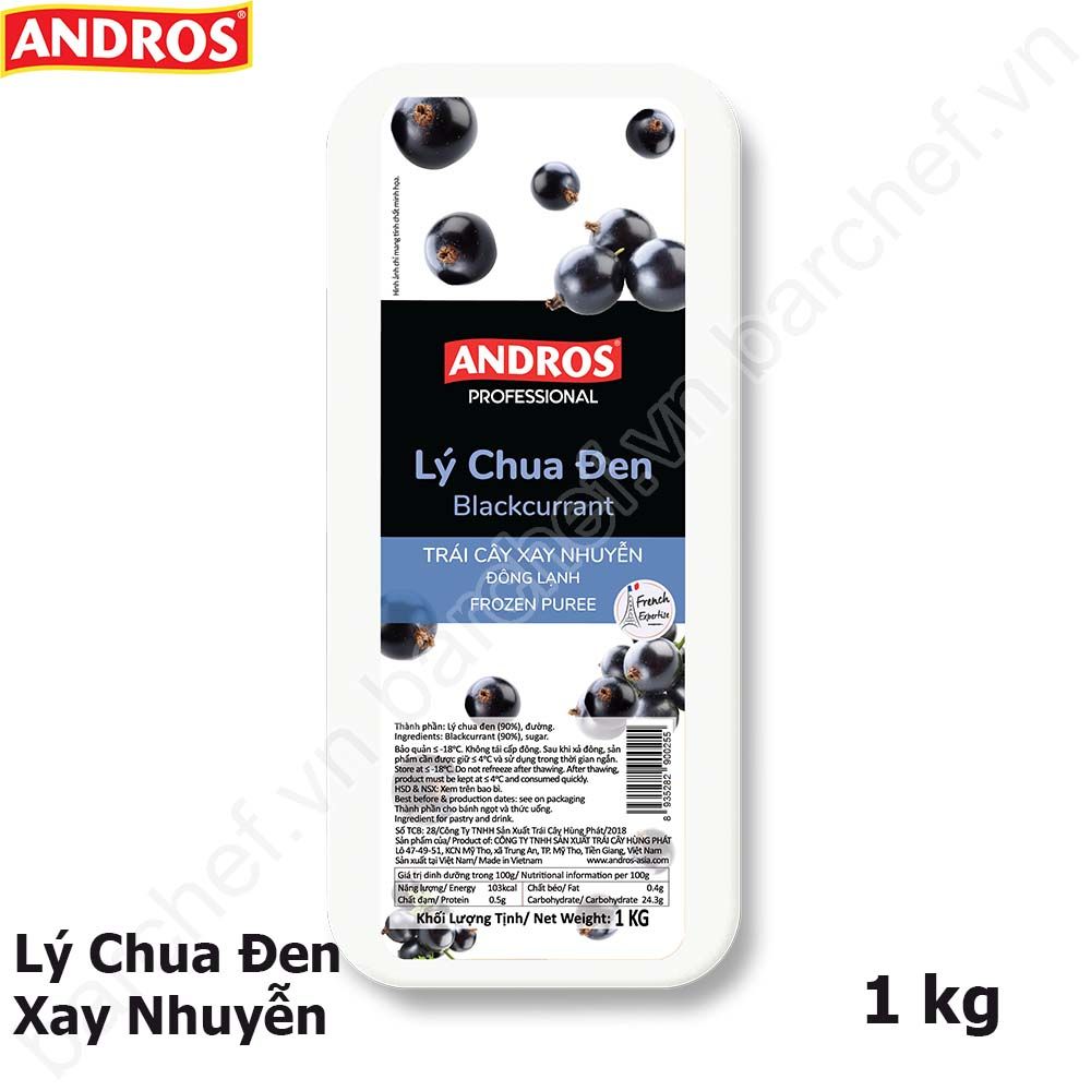 Lý chua đen xay nhuyễn đông lạnh Andros (Blackcurant Frozen Puree) - hộp 1kg