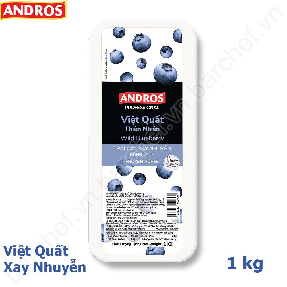 Việt quất thiên nhiên xay nhuyễn đông lạnh Andros (Wild Blueberry Frozen Puree) - hộp 1kg