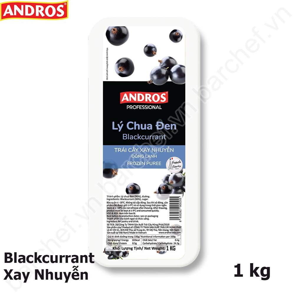 Lý chua đen xay nhuyễn đông lạnh Andros (Blackcurant Frozen Puree) - hộp 1kg