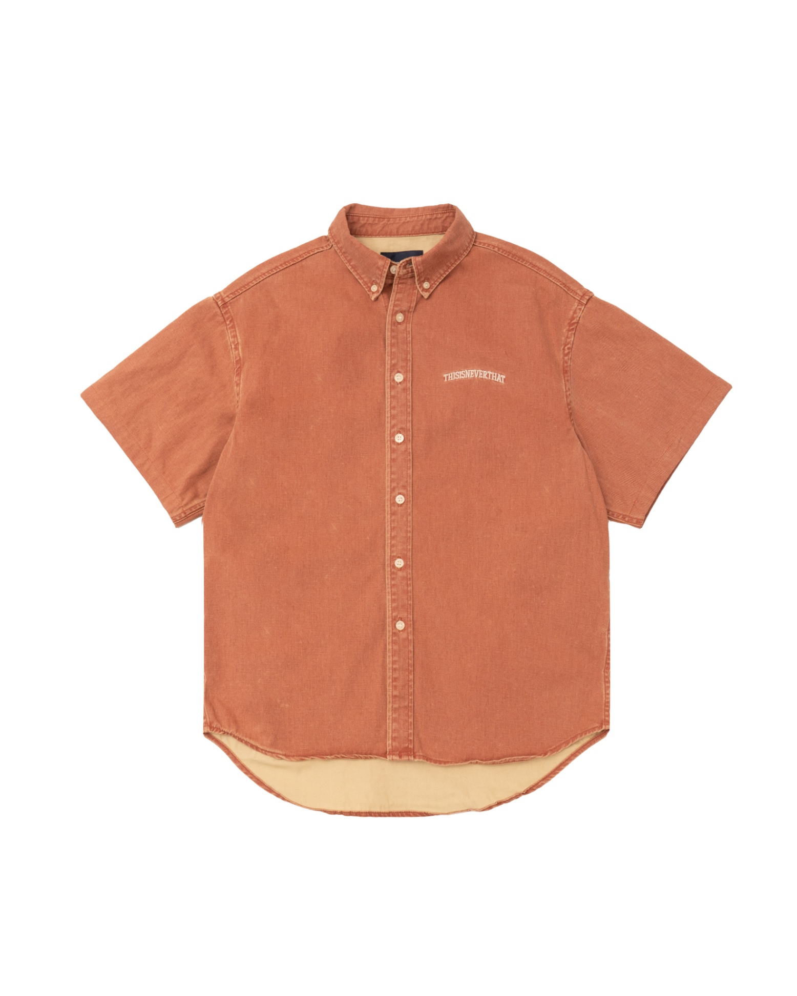 TINT WASHED DENIM SHORT SLEEVE SHIRT - ORANGE