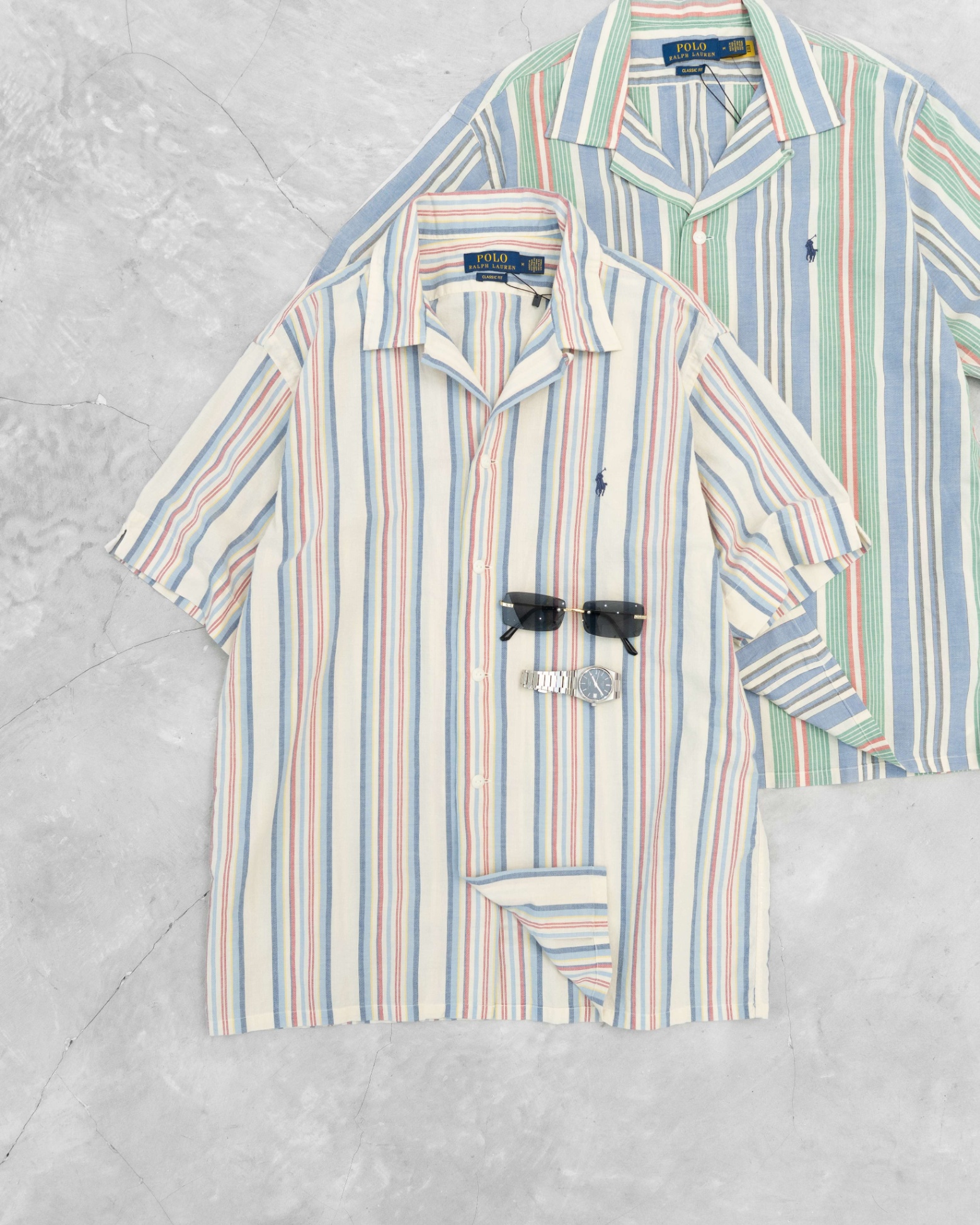 RALPH LAUREN CLASSIC FIT STRIPED SHORT SLEEVE SHIRT - CREAM/BL