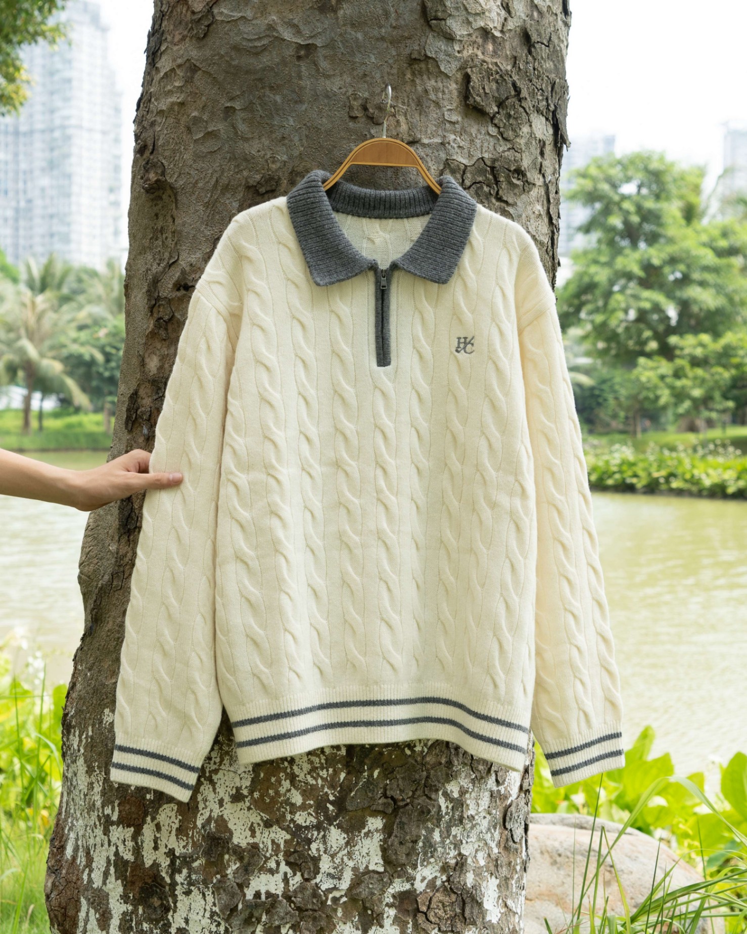 HENR COTTON'S CABLE POLO ZIP KNIT