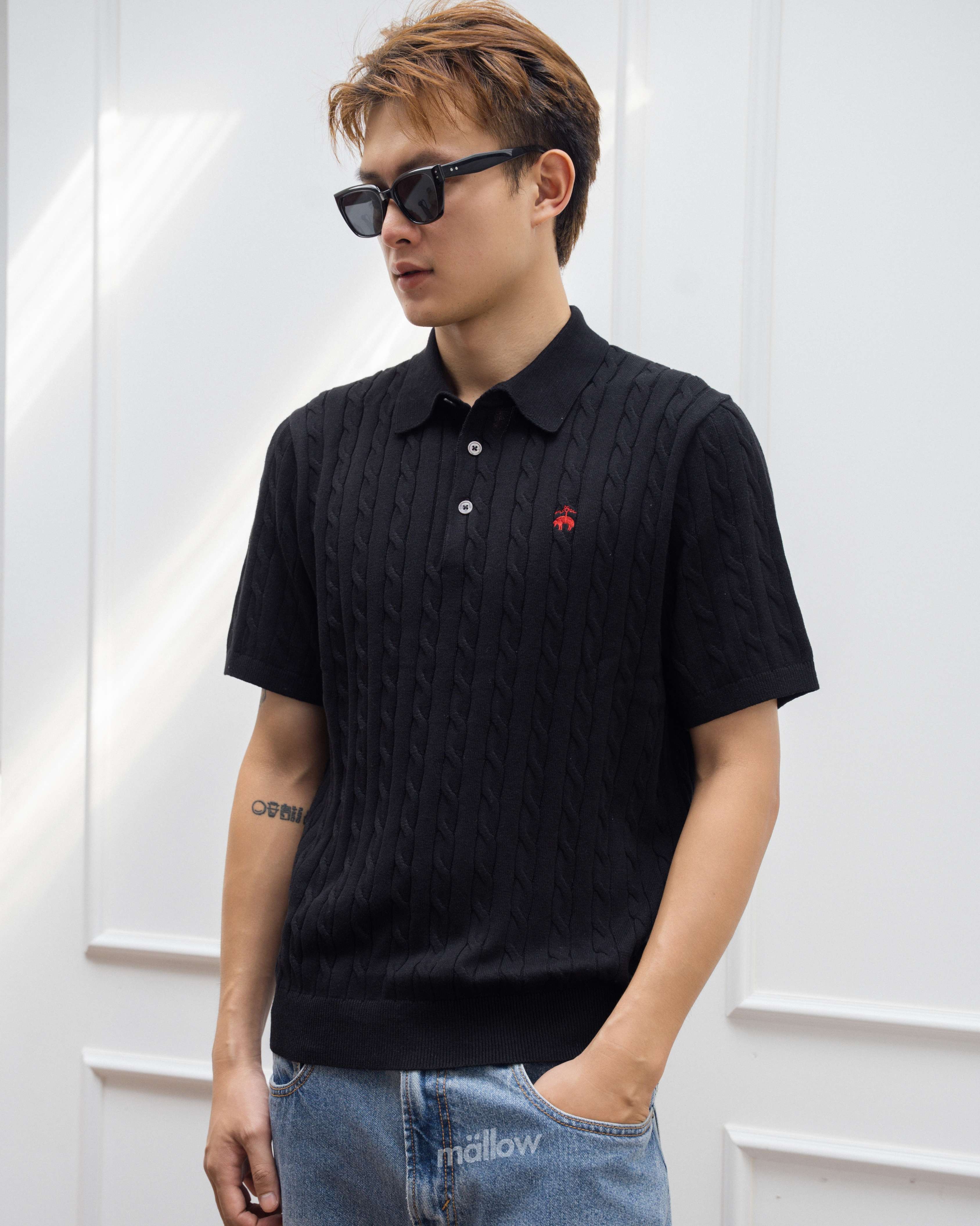 BROO BROTHE CABLE KNIT POLO SHIRT