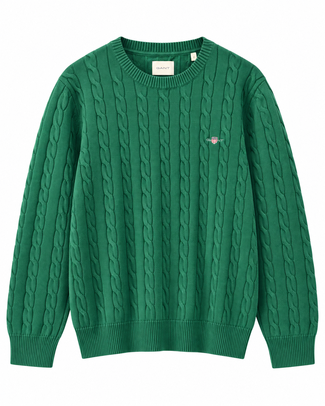 GAN COTTON CA.BLE C-NECK KNI.T - DEEP FOREST GREEN