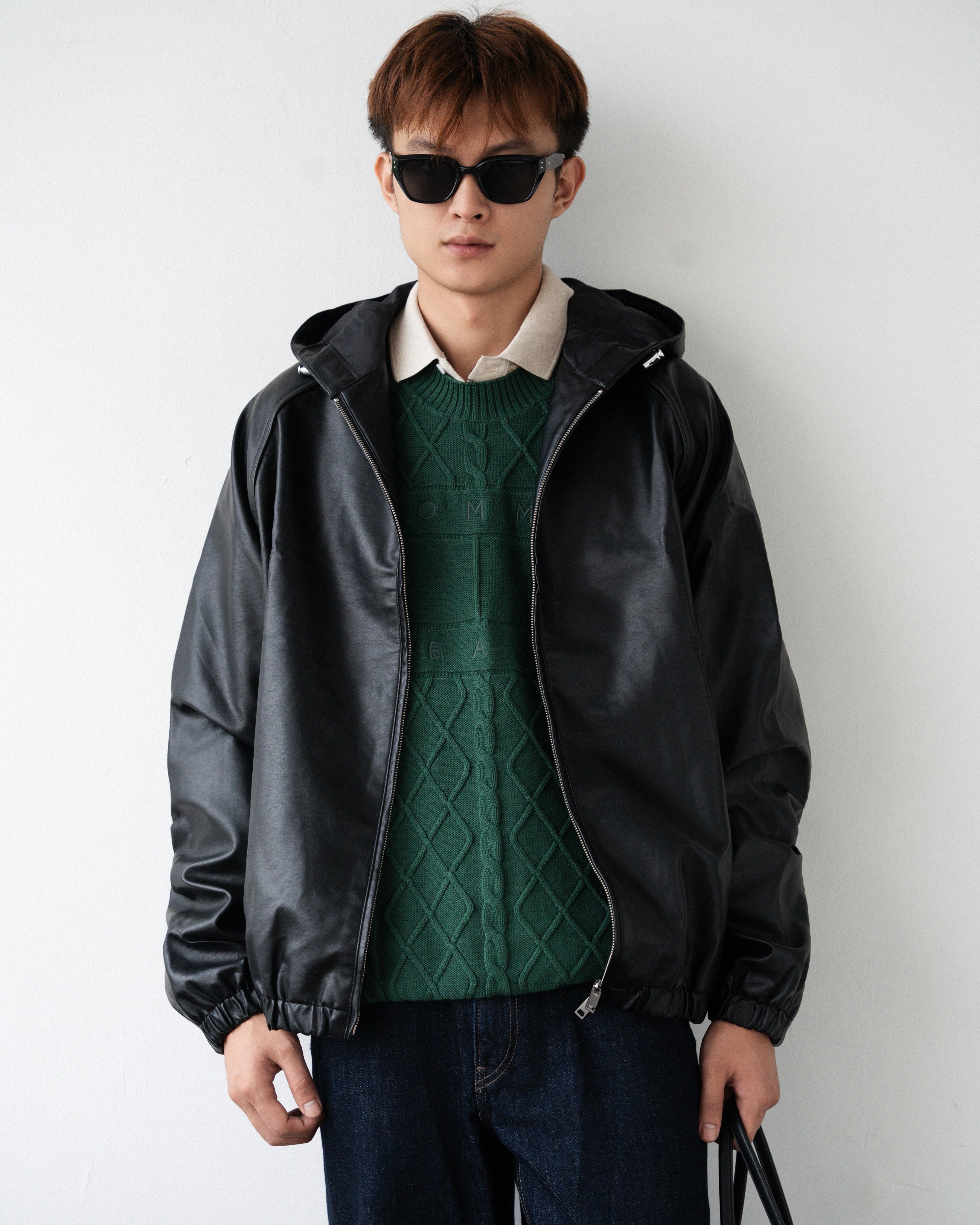 R STU LEATHER HOODED JACKET