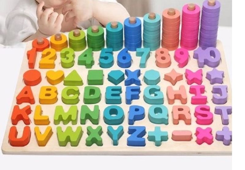 Đồ chơi Giáo dục - Bảng Chữ Cái, Chữ Số, Phép Tính kèm Cọc Tính và Hình Khối - Six in One Rainbow Digital Board