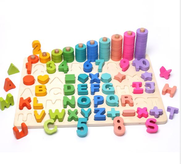 Đồ chơi Giáo dục - Bảng Chữ Cái, Chữ Số, Phép Tính kèm Cọc Tính và Hình Khối - Six in One Rainbow Digital Board