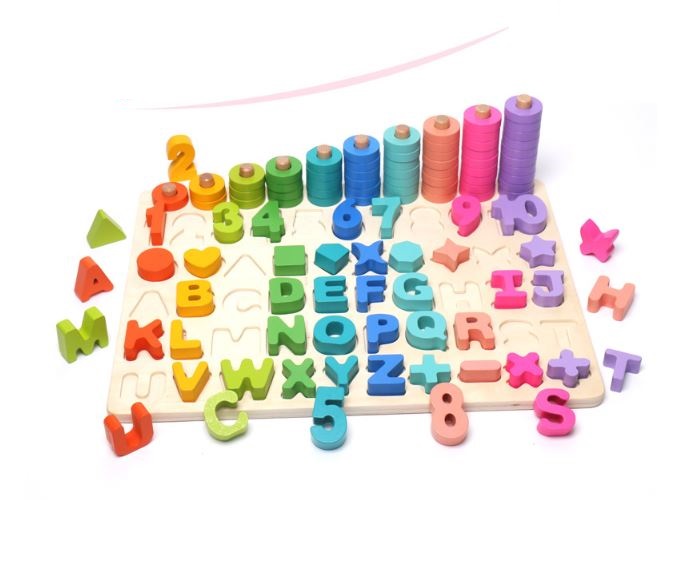 Đồ chơi Giáo dục - Bảng Chữ Cái, Chữ Số, Phép Tính kèm Cọc Tính và Hình Khối - Six in One Rainbow Digital Board
