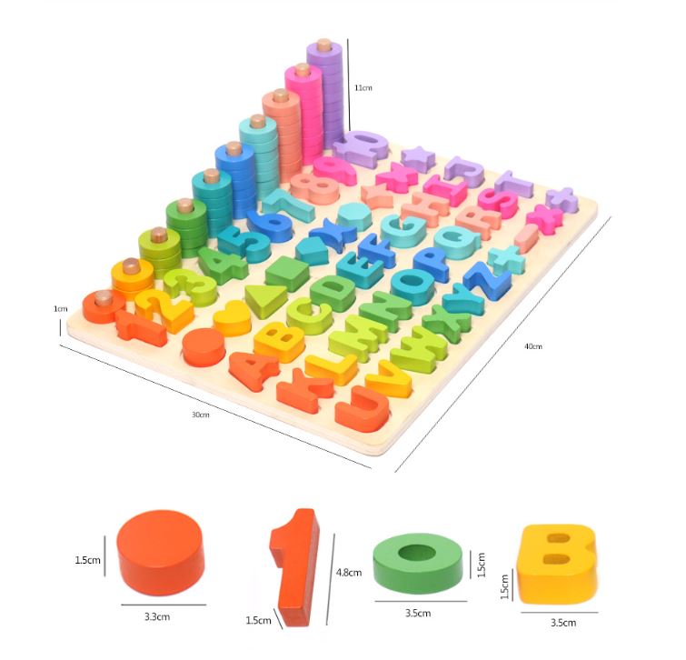 Đồ chơi Giáo dục - Bảng Chữ Cái, Chữ Số, Phép Tính kèm Cọc Tính và Hình Khối - Six in One Rainbow Digital Board