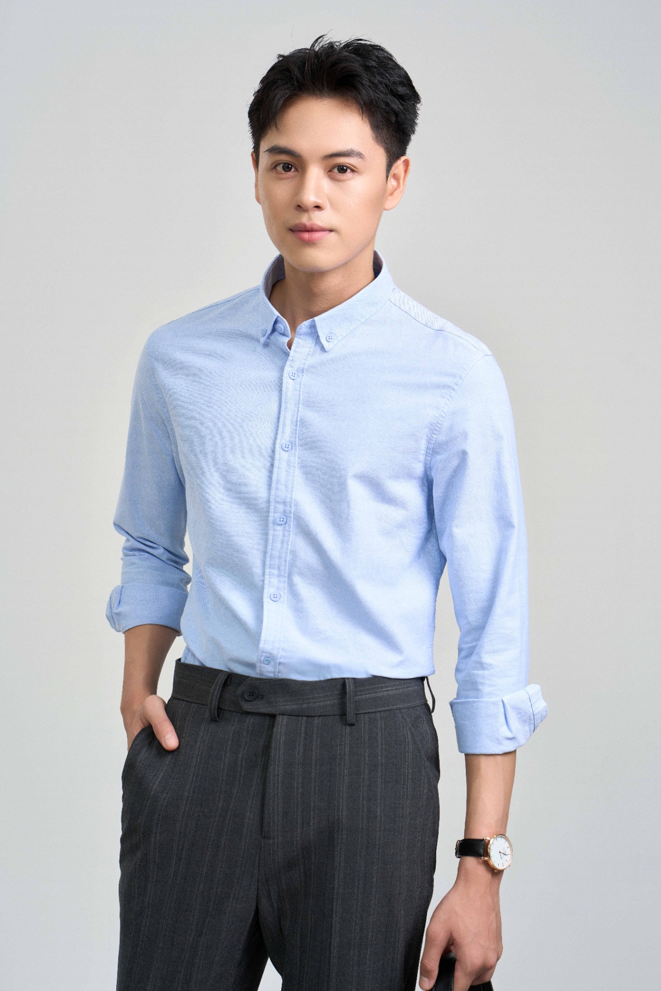 Áo Sơ Mi Cổ Đức Dài Tay Slim Cotton 3236 - Xanh - 2XL