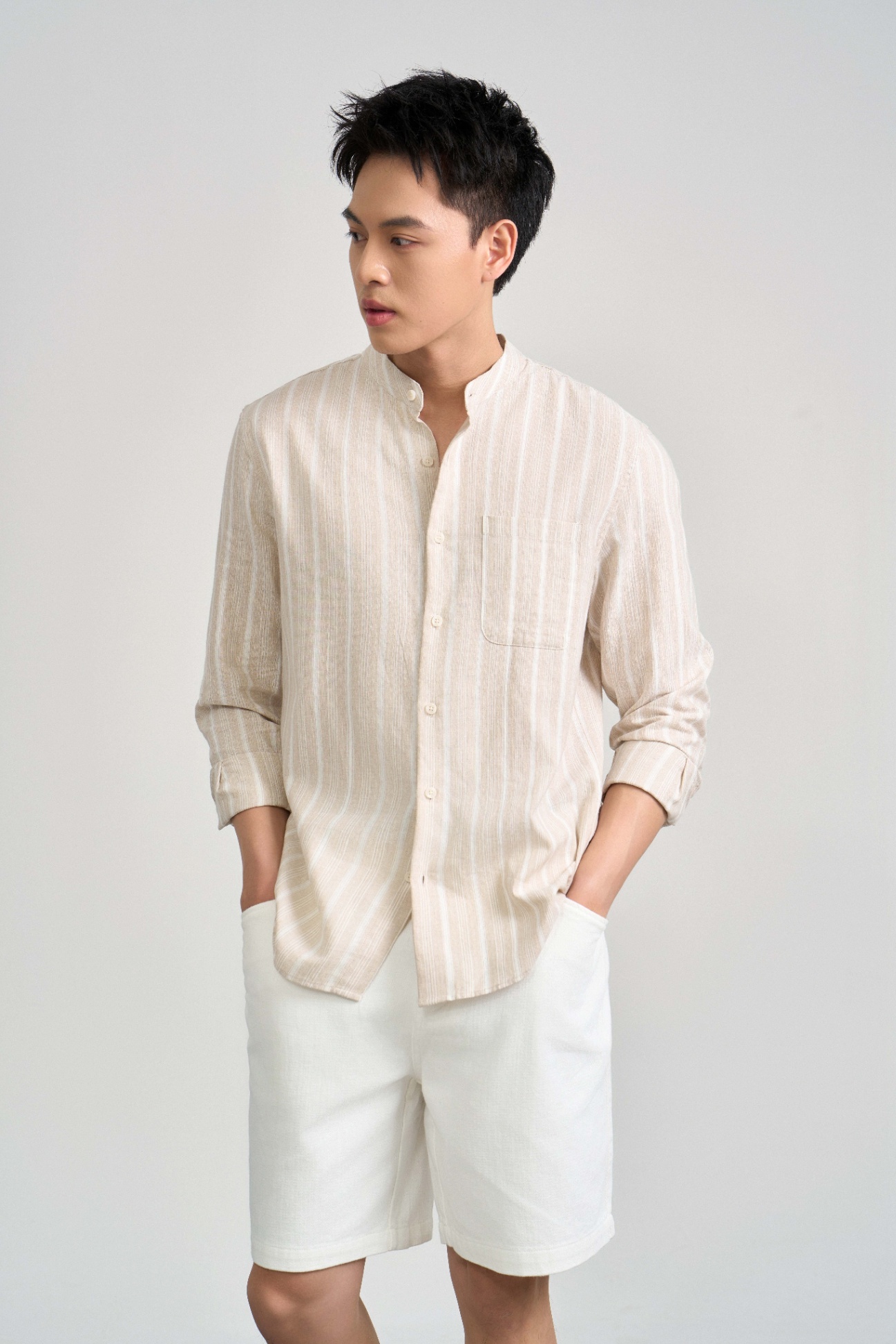 Áo Sơ Mi Kẻ Cổ Tàu Dài Tay Regular 3221 - Be - 2XL