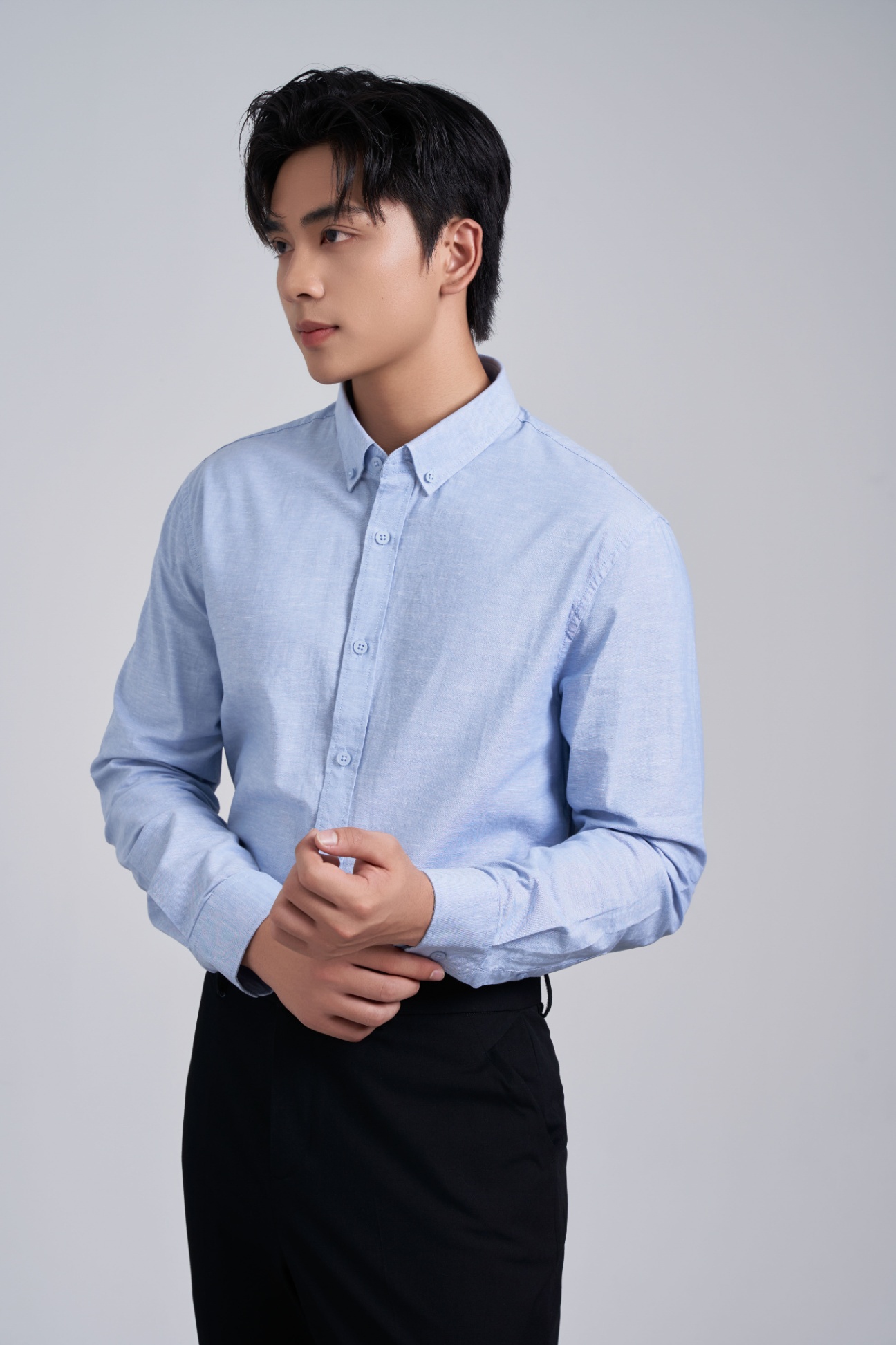 Áo Sơ Mi Cổ Đức Dài Tay Slim Cotton 3238 - Xanh - 2XL