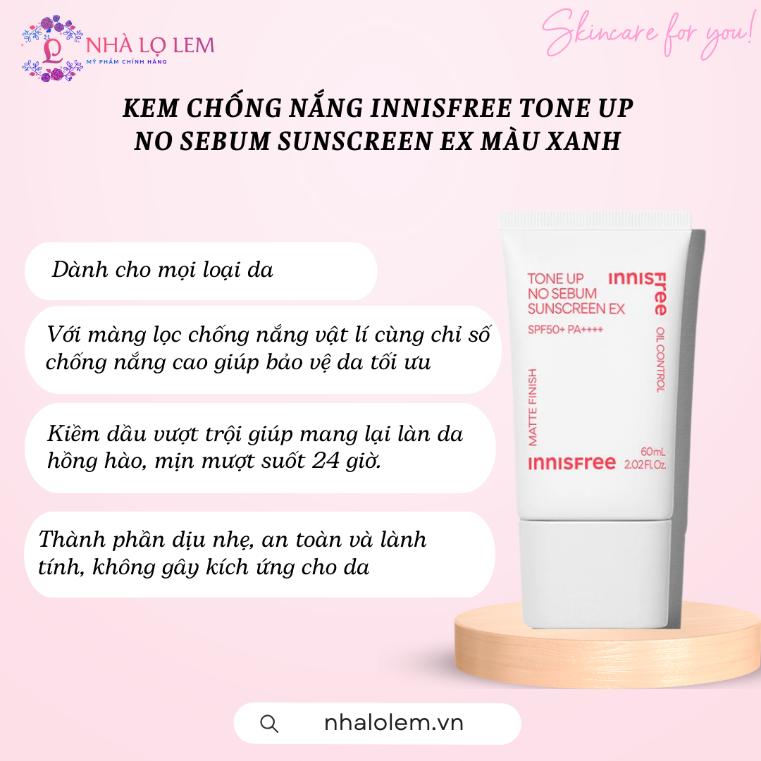 KEM CHỐNG NẮNG INNISFREE TONE UP NO SEBUM SUNSCREEN EX MÀU XANH