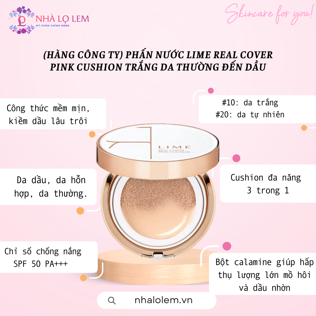 (HÀNG CÔNG TY) PHẤN NƯỚC LIME REAL COVER PINK CUSHION TRẮNG DA THƯỜNG ĐẾN DẦU