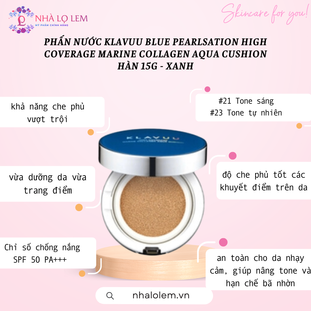 PHẤN NƯỚC KLAVUU BLUE PEARLSATION HIGH COVERAGE MARINE COLLAGEN AQUA CUSHION HÀN 15G - XANH