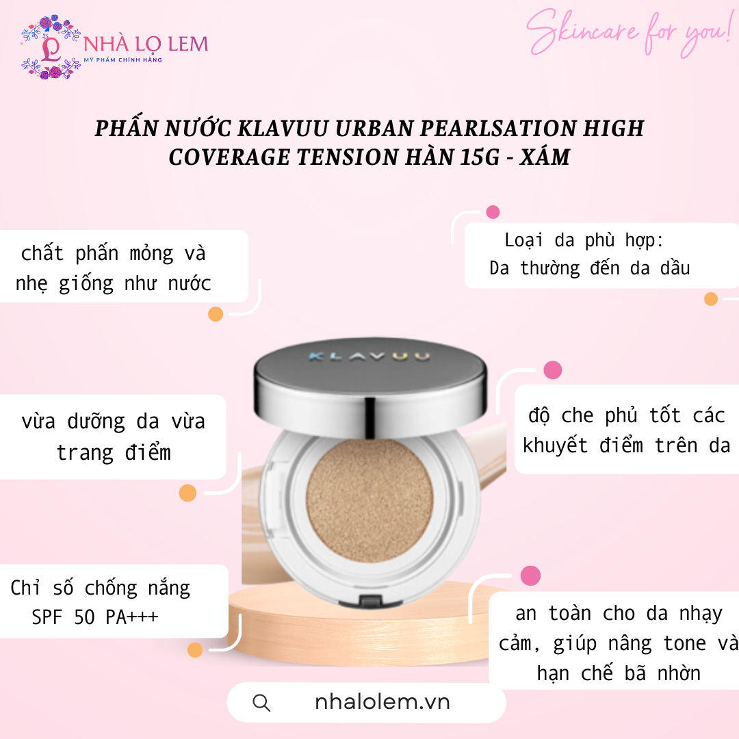 PHẤN NƯỚC KLAVUU URBAN PEARLSATION HIGH COVERAGE TENSION HÀN 15G - XÁM