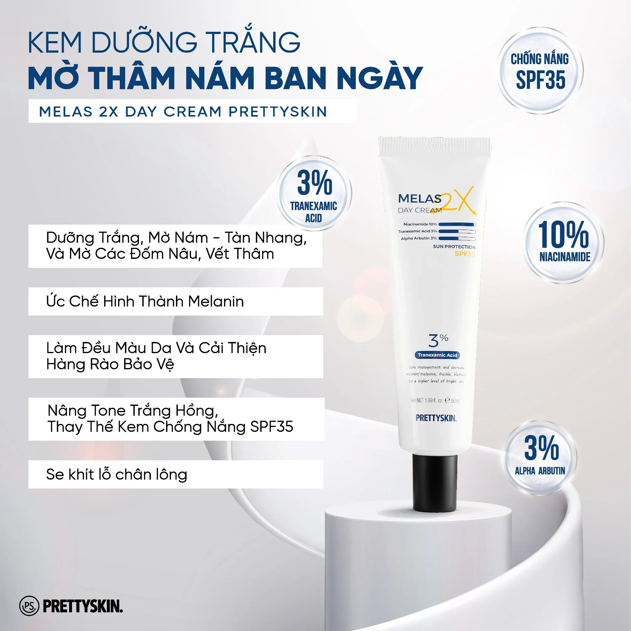 Kem dưỡng PRETTYSKIN MELAS 2X 50ml - Day Cream (dạng tuýp)