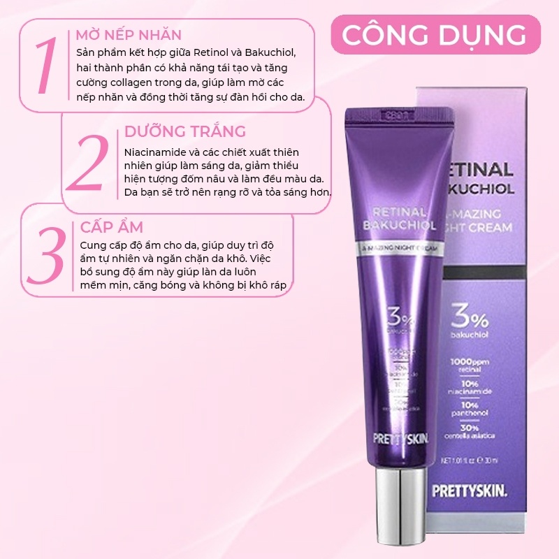 KEM DƯỠNG PRETTYSKIN RETINAL BAKUCHIOL A-MAZING NIGHT CREAM TÁI TẠO PHỤC HỒI TRẺ HÓA LÀN DA