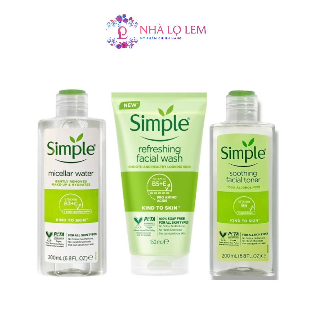 SET 3 SIMPLE fulsize : nước hoa hồng 200ml, sữa rửa mặt 150ml, tẩy trang 200ml