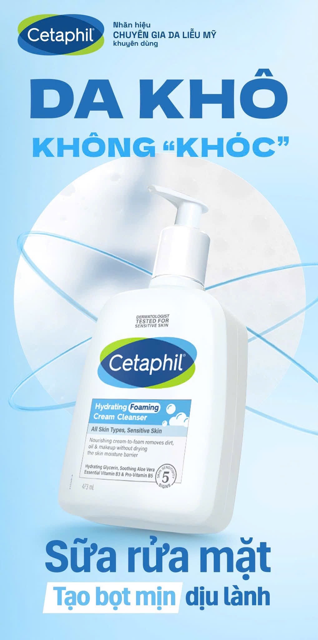 Sữa rửa mặt tạo bọt mịn dịu lành CETAPHIL HYDRATING FOAMING CREAM CLEANSER cho da thường đến da khô da nhạy cảm 236ml