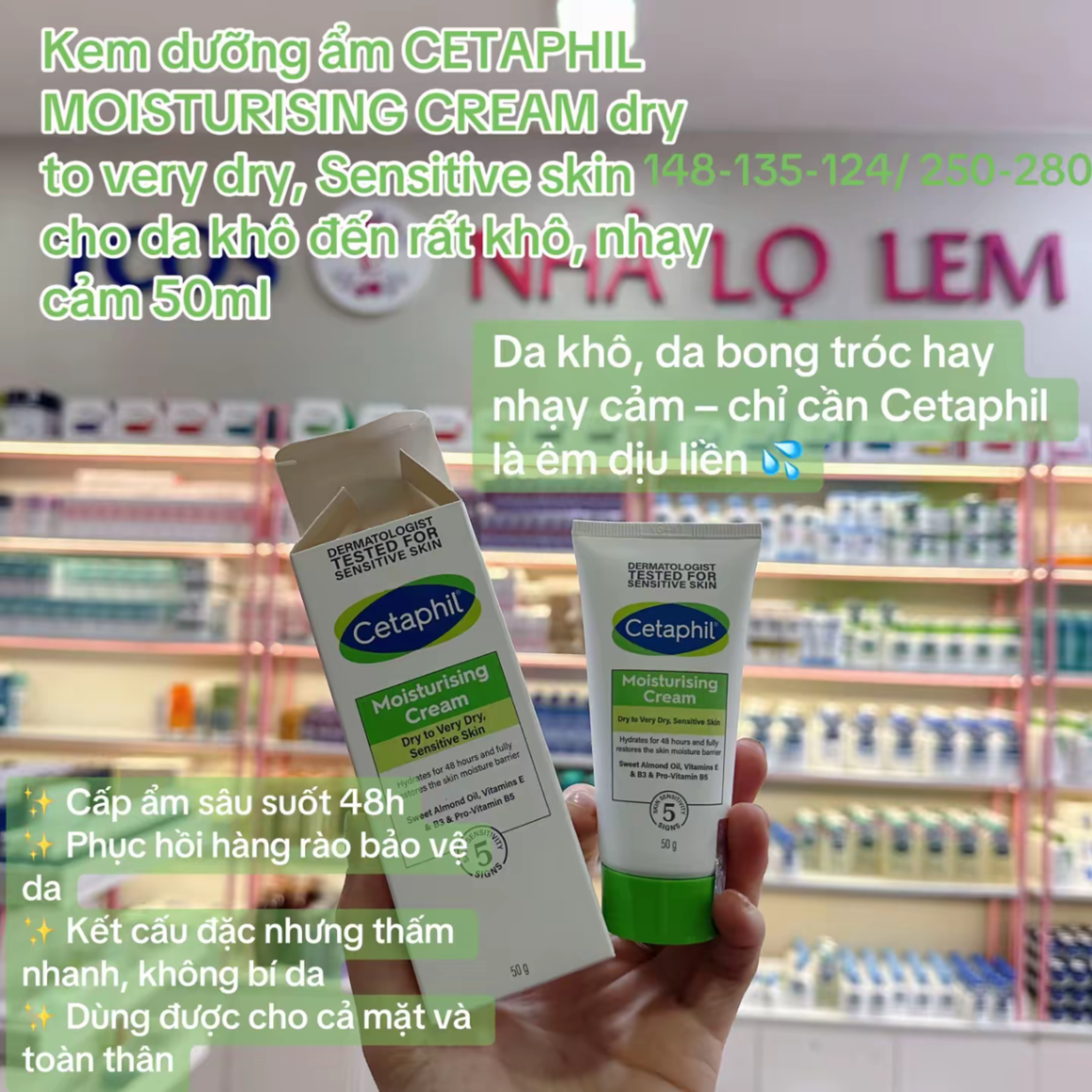 Kem dưỡng ẩm CETAPHIL MOISTURISING CREAM dry to very dry, Sensitive skin cho da khô đến rất khô, nhạy cảm 50ml