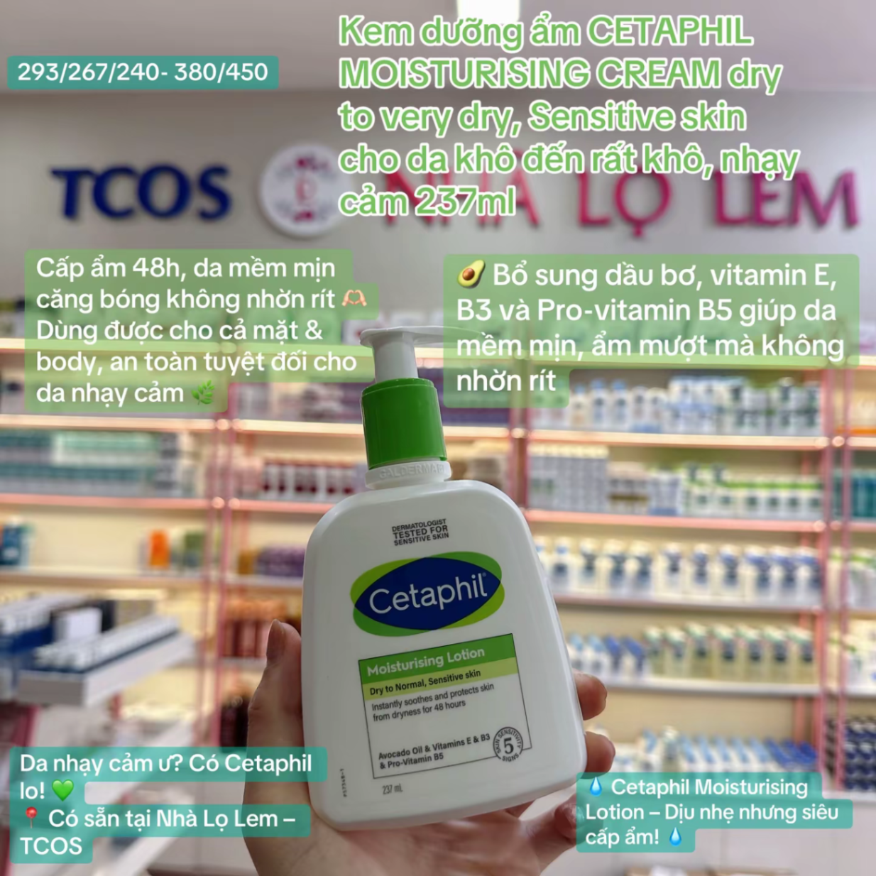 Kem dưỡng ẩm CETAPHIL MOISTURISING CREAM dry to very dry, Sensitive skin cho da khô đến rất khô, nhạy cảm 237ml