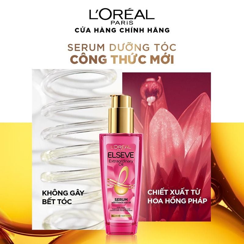 Dầu dưỡng Tóc L'Oréal Paris Elseve Extraordinary Oil Serum 100ml Chiết Xuất Hoa Hồng (chai màu hồng)