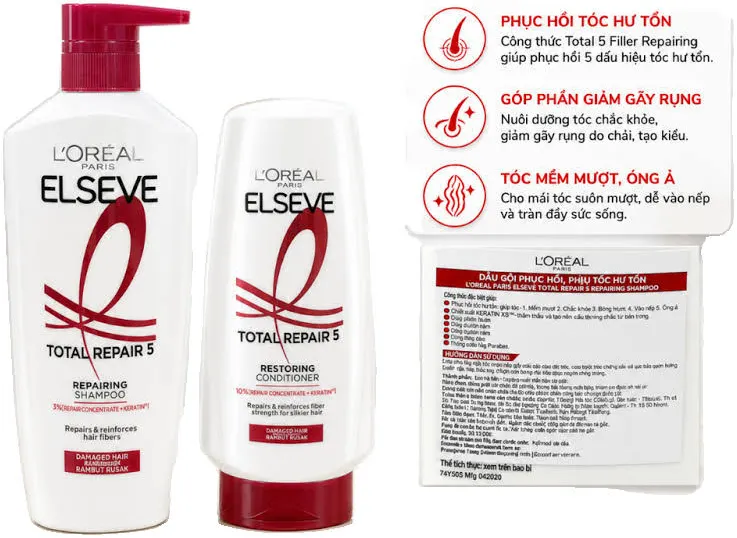 Dầu gội L'Oreal Paris Elseve Total Repair % Repaiting Shampoo 620ml - Vòi Đỏ
