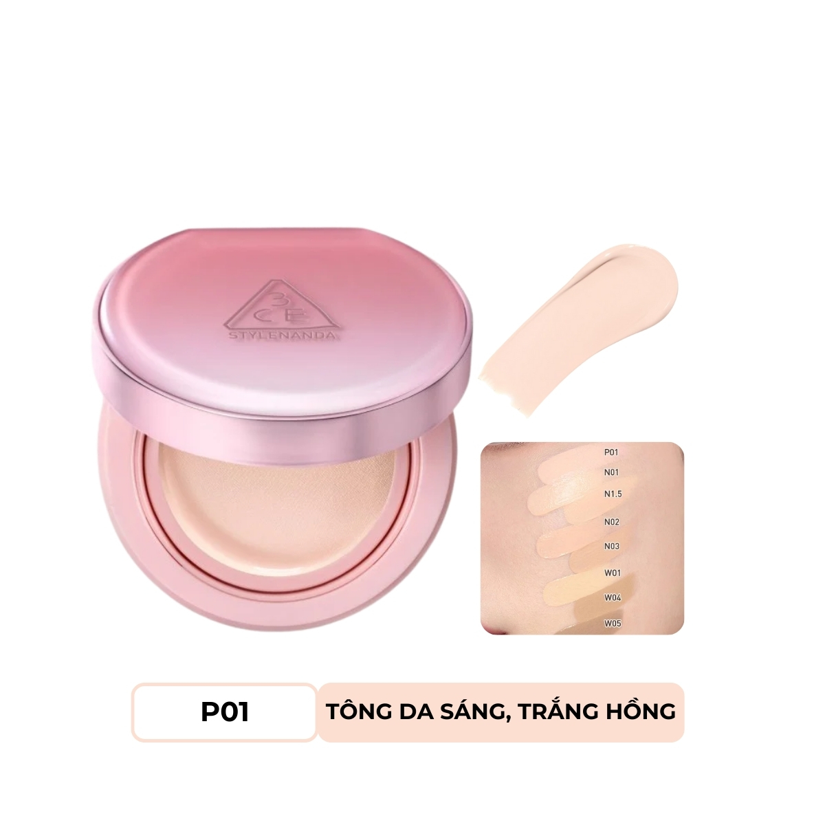 Phấn Nước giúp da sáng tự nhiên 3CE Fitting Mesh Cover Cushion 11g (KHÔNG KÈM LÕI REFILL) #P01- da sáng tone lạnh