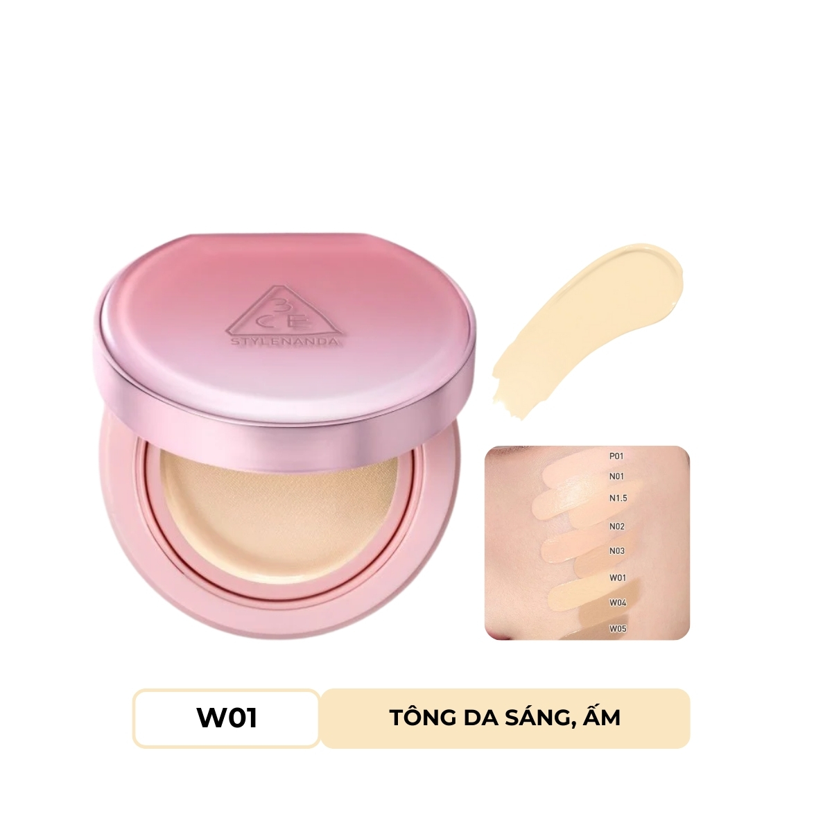 Phấn Nước giúp da sáng tự nhiên 3CE Fitting Mesh Cover Cushion 11g (KHÔNG KÈM LÕI REFILL) #W01- da ấm tone sáng