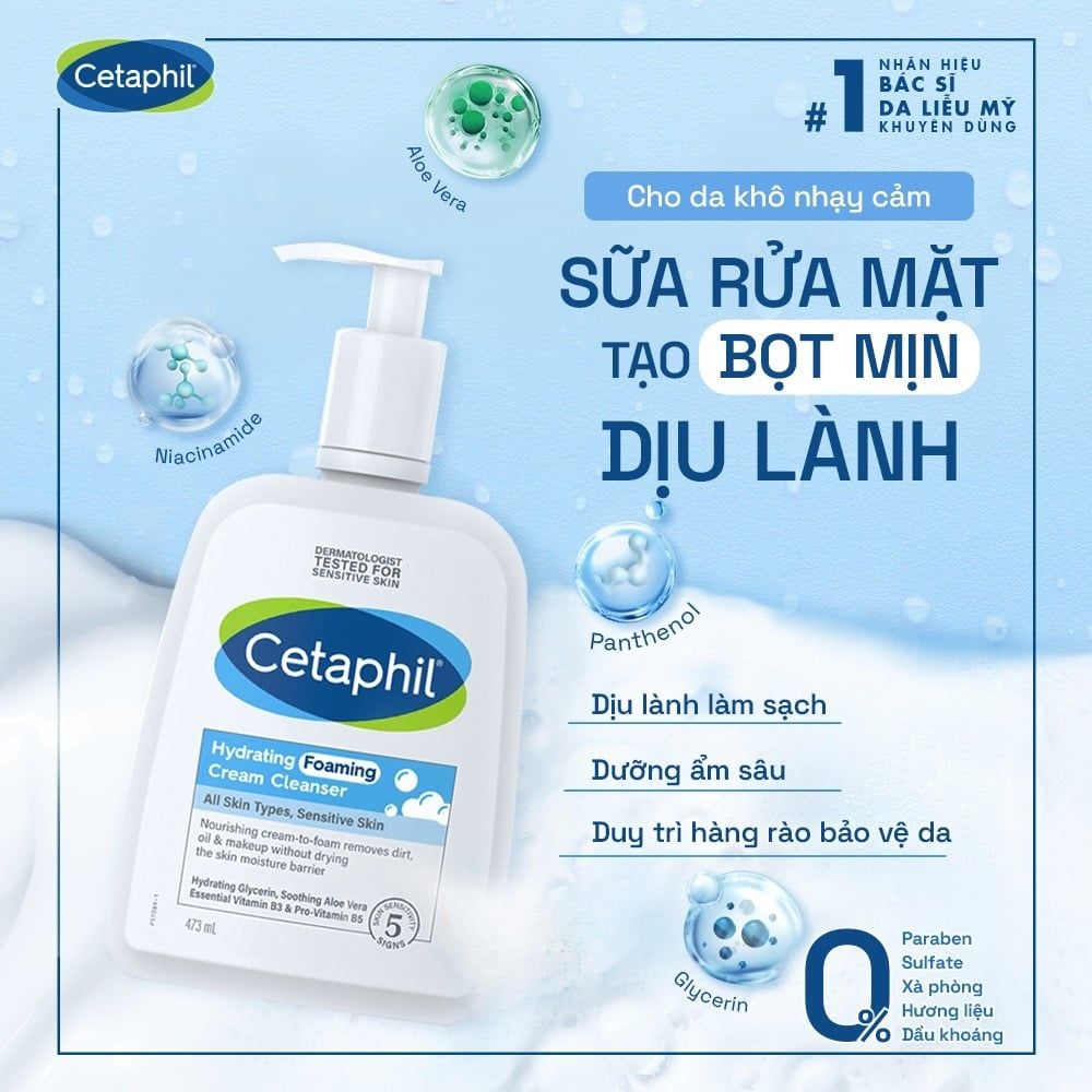 Sữa Rửa Mặt Cetaphil Hydrating Foaming Cream Cleanser 473ml ( Da Khô Nhạy Cảm)