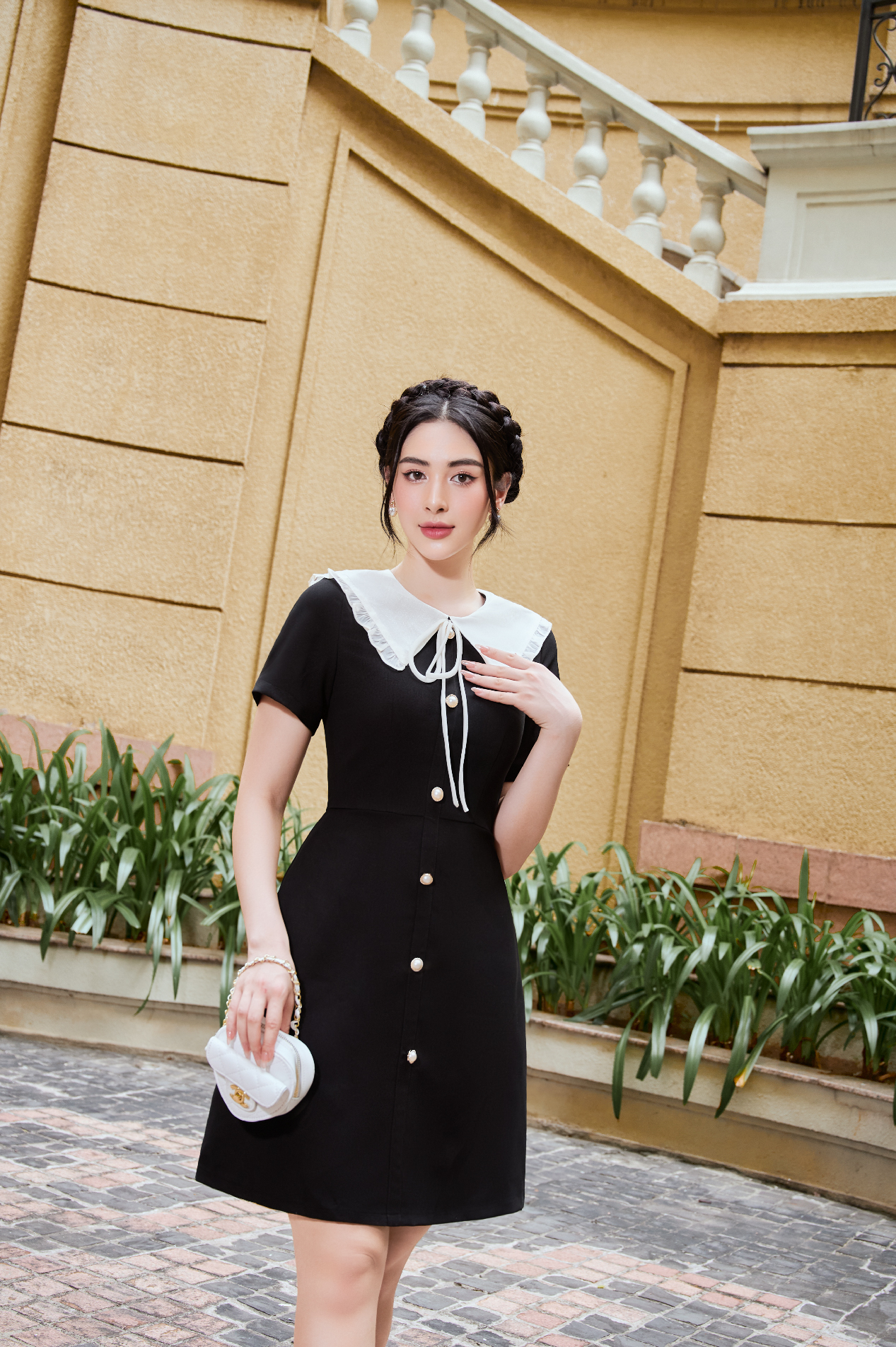 Đầm nữ màu đen phối cổ sơ mi trắng kiểu tay bồng sang chảnh, váy tiểu thư  công sở dáng dài 2 size S M - Youxi - Tìm Voucher