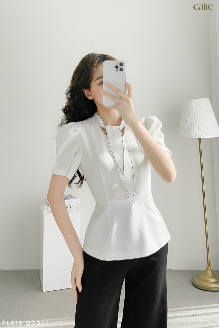 Áo peplum cổ phối nơ cách điệu tiểu thư