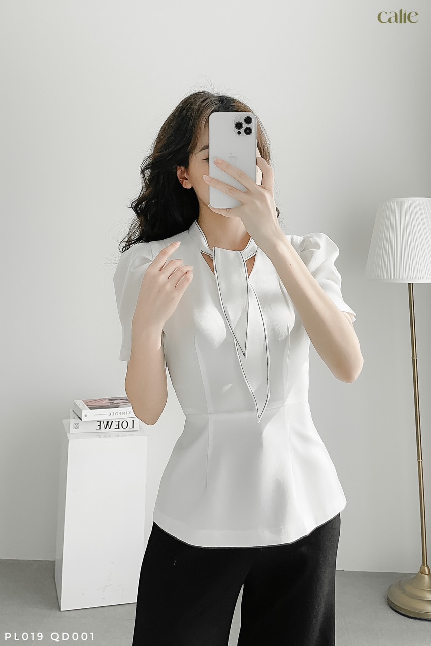 Áo peplum cổ phối nơ cách điệu tiểu thư