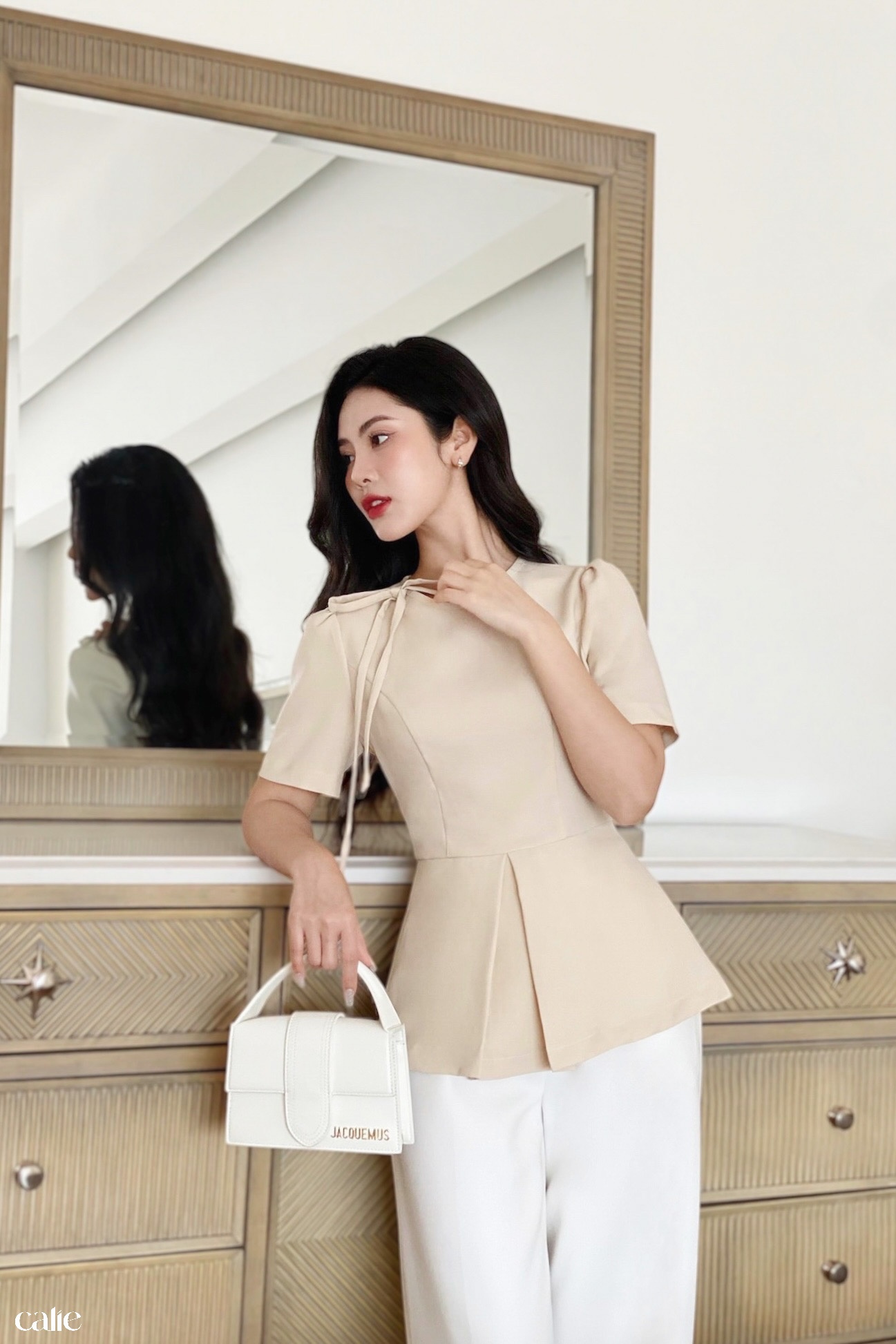 Áo peplum cổ đính nơ ly súp eo