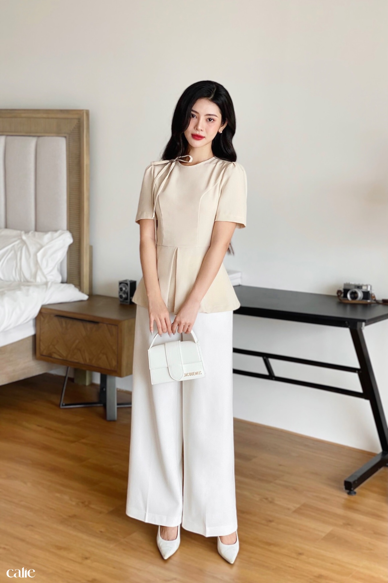 Áo peplum cổ đính nơ ly súp eo