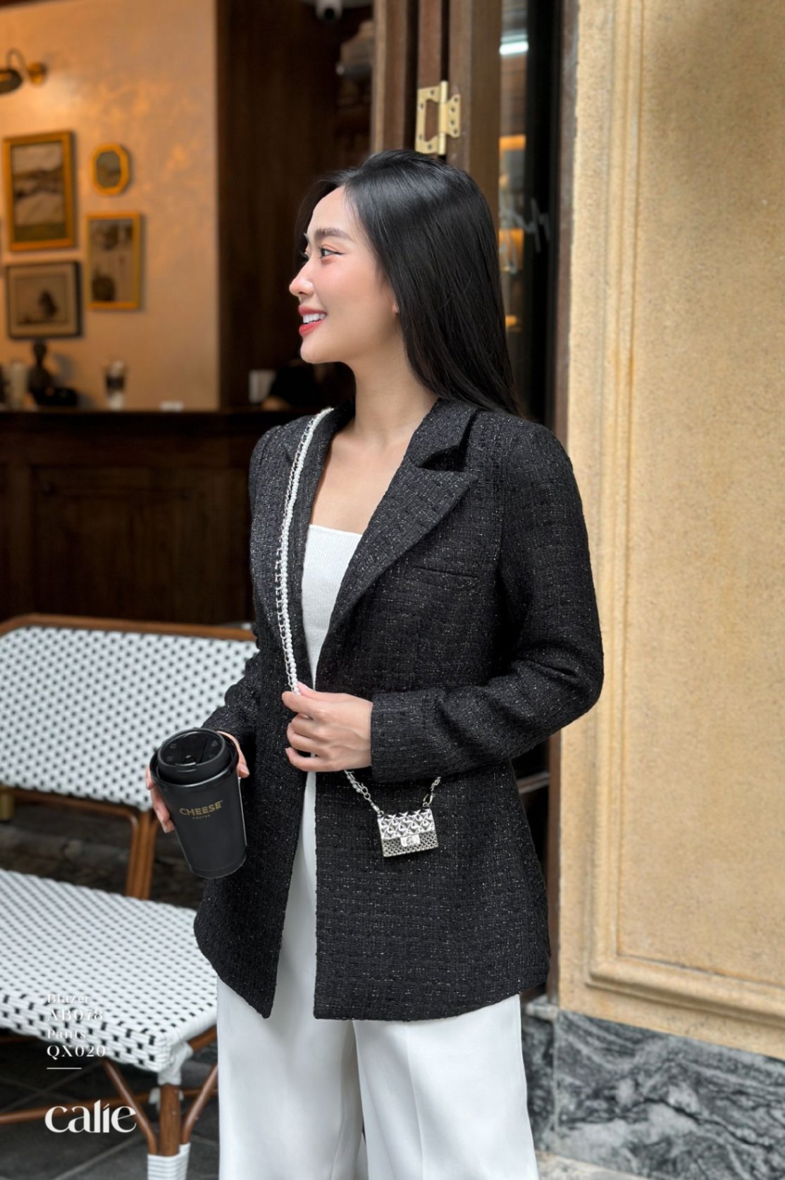 Áo blazer dạ tweed dáng suông cài cúc